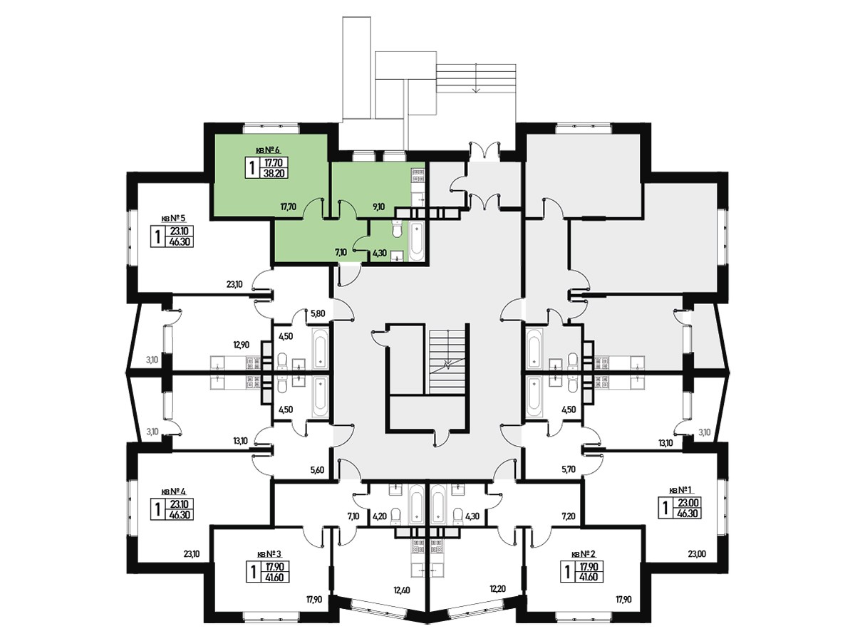 Однокомнатная квартира 38 м² №6 улица Генерала Донскова, дом 25, корпус 5  купить по цене 5348000 от застройщика в ЖК Борисоглебское деревня Зверево